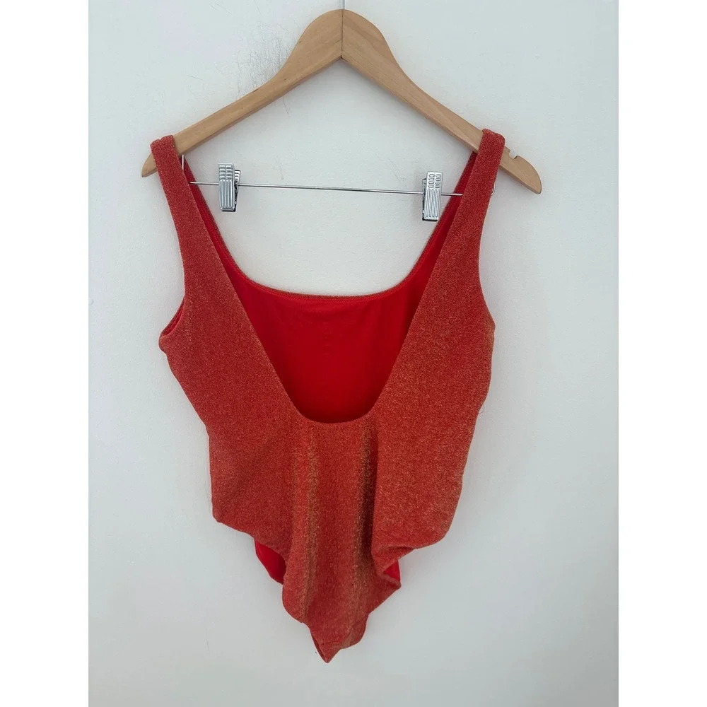Aerie‎ Real Good Red Gold Shimmer One Piece Cheekiest Swimsuit XL Square Neck